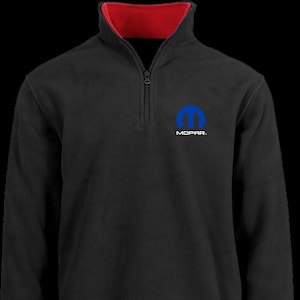 May include: Black fleece pullover with a red inner collar and a quarter-zip closure. Features a blue MOPAR logo on the chest, with the word "MOPAR" printed below the logo.