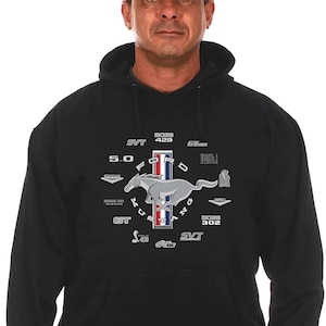 JH Design Group Men&#39;s Ford Mustang Collage Pullover Hoodie Black Sweatshirt