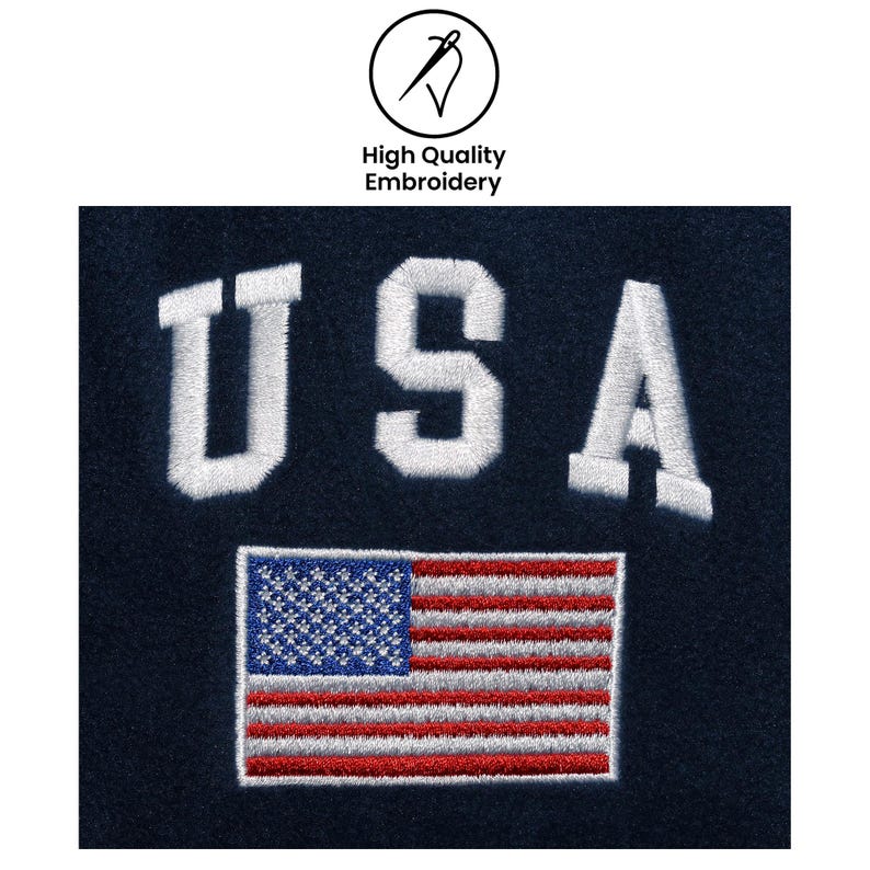 May include: Embroidered patch featuring the word "USA" in white block letters above a detailed American flag. The patch is on a navy blue background, with the text "High Quality Embroidery" above.