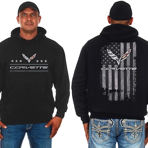 JH Design Mens Chevy Corvette Hoodie Distressed American Flag 2-Sided Sweatshirt