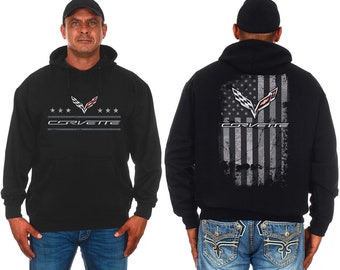 JH Design Mens Chevy Corvette Hoodie Distressed American Flag 2-Sided Sweatshirt