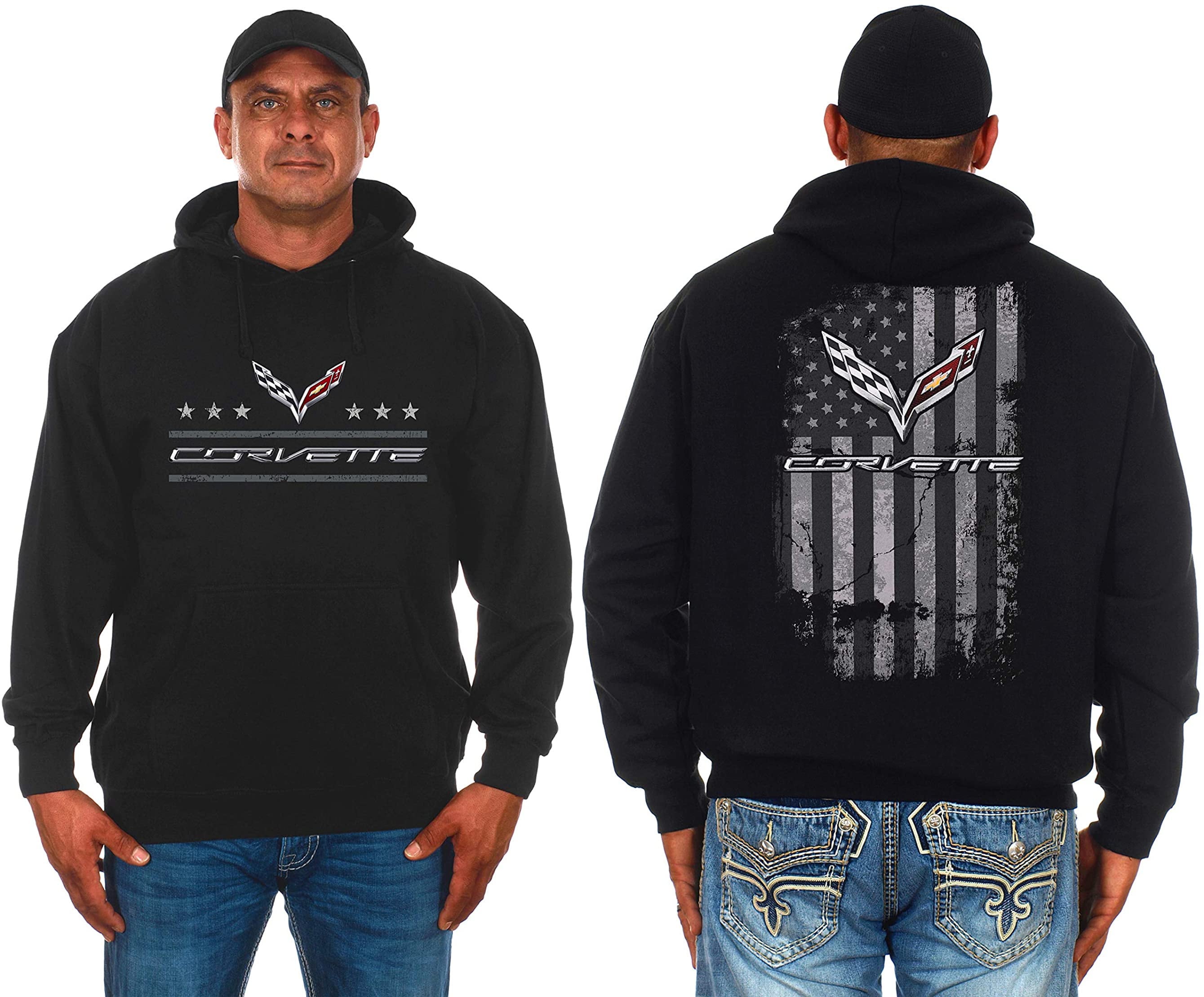 【VETEZE】22SS★  Big Flag Hood JH Design Mens Chevy Corvette Hoodie Distressed American