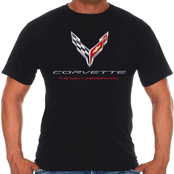 Mens Chevy Corvette T-Shirt C8 Logo The Next Generation Black Crew Neck Shirt