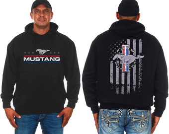 JH Design Mens Ford Mustang Hoodie Distressed American Flag 2-Sided Sweatshirt