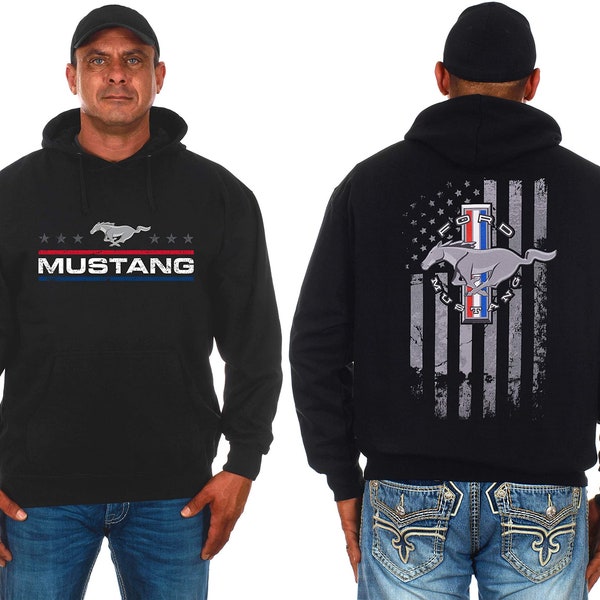 JH Design Mens Ford Mustang Hoodie Distressed American Flag 2-Sided Sweatshirt