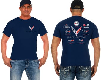JH Design Mens Chevy Corvette Navy T-Shirt C1 Thru C8 Flag Emblems
