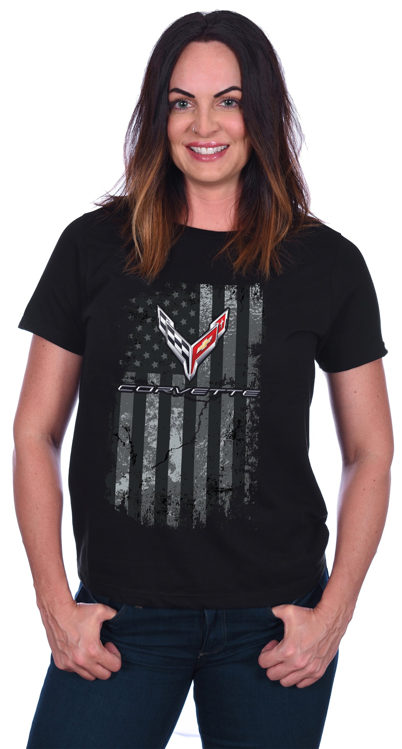 Chevy C6 Corvette Stingray American Flag T-Shirt - Gray, Men's Sizes L To 2XL