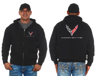 JH Design Men's Chevy C8 Corvette Hoodie Full Zip Up Black Hooded Sweatshirt
