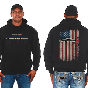 JH Design Men&#39;s Dodge Challenger Pullover Hoodie American Flag 2 Sided Sweatshirt