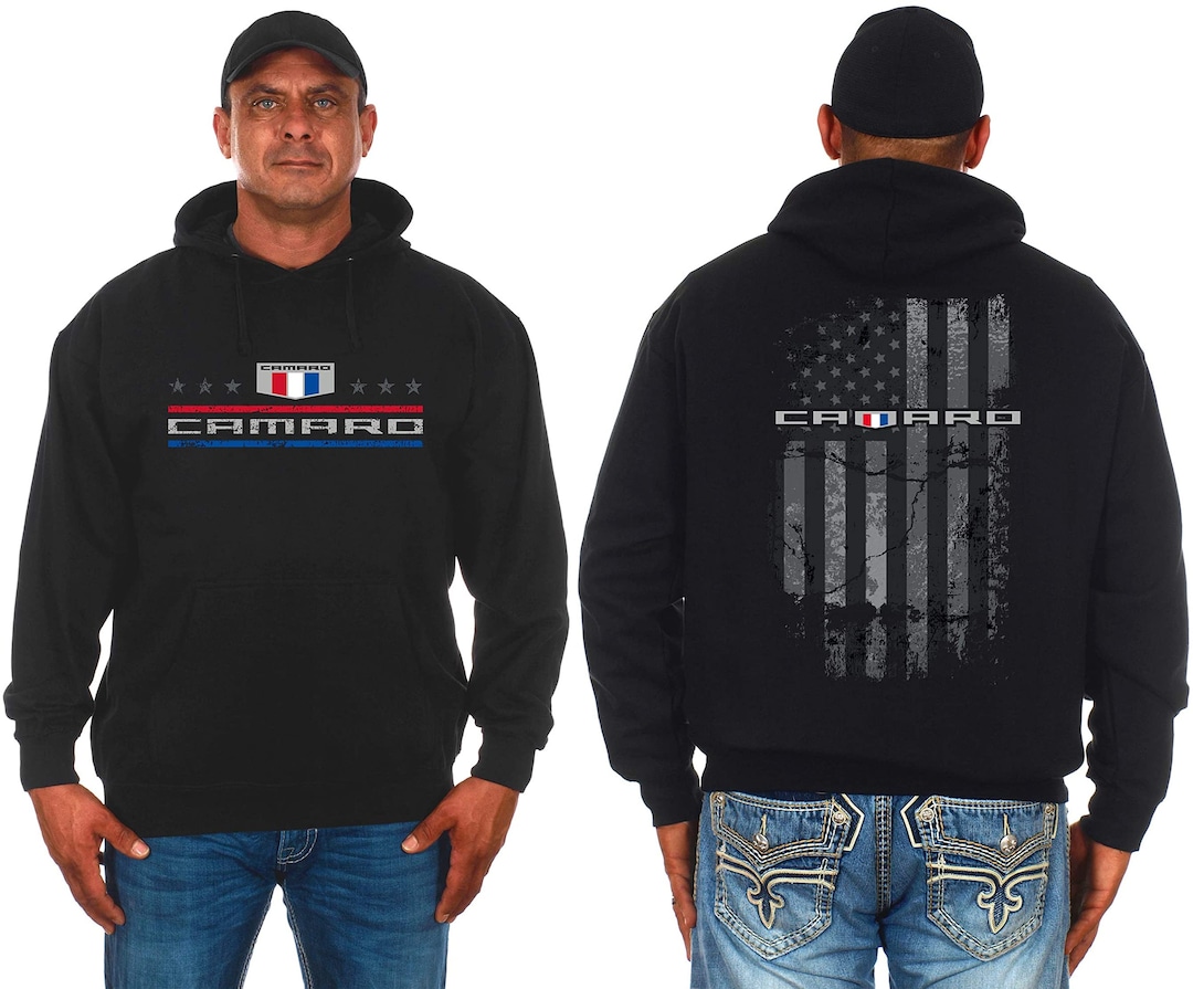 JH Design Mens Chevy Camaro Hoodie Distressed American Flag 2sided