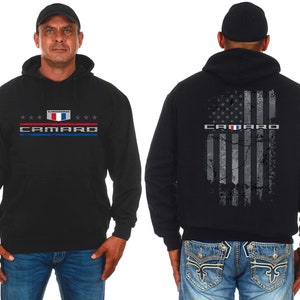 JH Design Mens Chevy Camaro Hoodie Distressed American Flag 2-Sided Sweatshirt