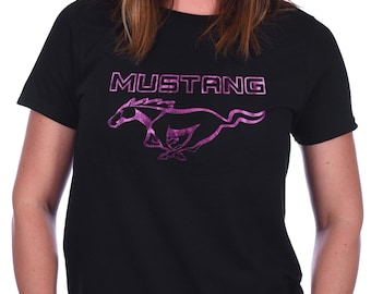 JH Design Women's Ford Mustang Classic Emblem Foil Sparkle Logo T-Shirt