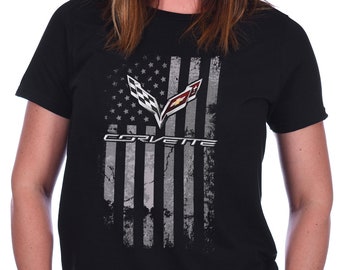 JH DESIGN GROUP Women's Chevy Corvette C7 American Flag Crew Neck Shirt
