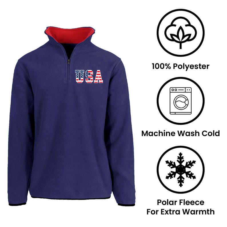 May include: A navy blue polar fleece pullover with a red collar and the word "USA" in a flag design. The pullover is made of 100% polyester and is machine washable. It is designed for extra warmth.