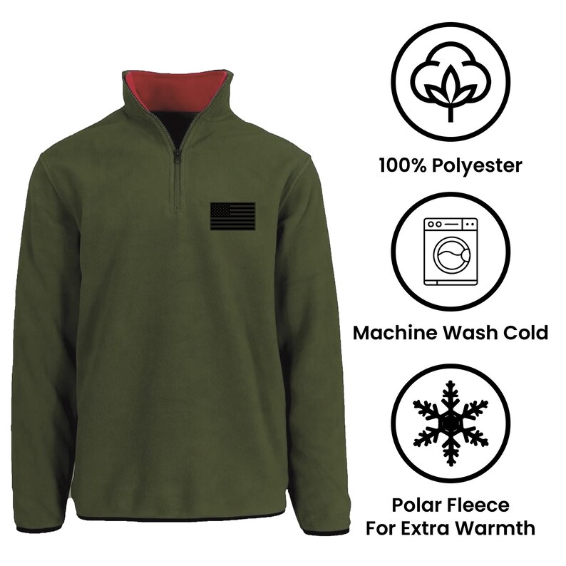 Men’s USA Quarter Zip Thermal Fleece Pullover Long Sleeve Sweatshirt Hunter Green Flag