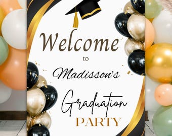 Letrero de bienvenida editable para fiesta de graduación, plantilla de Canva en negro y dorado, letrero imprimible, póster de 45 x 61 cm, descarga instantánea, promoción de 2025