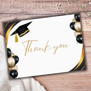 Graduierung Dankeskarte, Schwarz und Gold Canva Template Design, bearbeitbarer digitaler Download, druckbare Senior College Party Briefpapierkarte