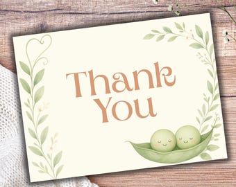 Two Peas in a Pod Baby Shower Thank You Cards, Twins Party Printable Notes, Editable Canva Template Matching Set, Greenery Digital Download