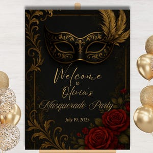 Masquerade Party Welcome Sign, Elegant Black Gold Red Roses Birthday Party Decor, 18th Birthday Printable Sign, Editable Canva Template