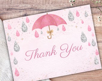 Saupoudrer de saupoudrer les cartes de remerciement pour bébé, cartes postales de baby shower fille, saupoudrer d'amour, étiquettes de remerciement, toile de douche de bébé parapluie rose imprimable