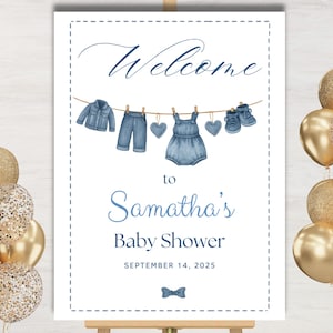 Blue Jean Baby Shower Welcome Sign, Denim Clothesline Party Decoration, Printable Baby Shower Poster, Editable Canva Template Invitation Set