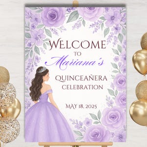 Purple Floral Quinceañera Welcome Sign, Editable Canva Template, Sweet 16 Party Sign, Formal Birthday Entrance Decor, Digital Download