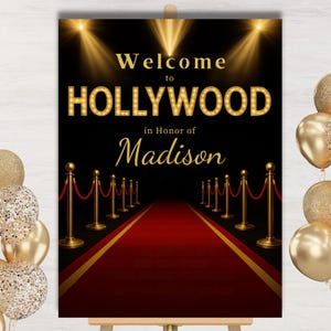 Hollywood Welcome Sign, Red Carpet Party Decor, Movie Night Birthday 18x24 Poster, Editable Canva Template, Digital Download Glam Signage