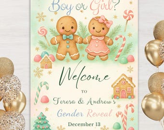Gingerbread Gender Reveal Welcome Sign, Boy or Girl Christmas Party Decor, Editable Canva Template, Holiday Baby Shower Poster