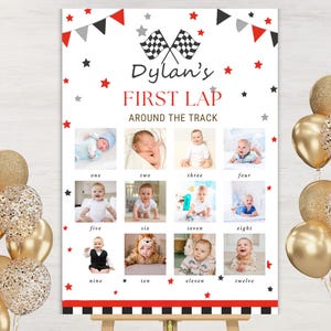 Race Car Milestone Poster | First Lap Birthday Photo Board | 1–12 Month Milestone Sign | 24x36 Editable Canva | 1st Birthday Racing Decor