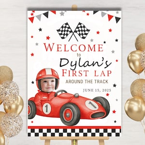 Letrero de bienvenida de cumpleaños de coche de carreras / Decoración para fiesta de primera vuelta de carreras de 18 x 24 / Plantilla de Canva editable / Póster de bienvenida con foto