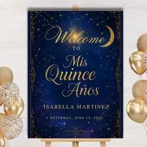 Mis Quince Años Welcome Sign, Editable Canva Template, Gold Moon and Stars Quinceañera Party Decor, 18x24 Printable Poster, Celestial Theme