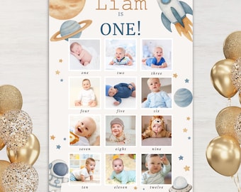 Poster per traguardi spaziali / Collage di foto per il primo compleanno / Decorazione per compleanno a forma di razzo per 12 mesi / Modello modificabile per cartello Canva 24x36