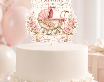 Personalized Cake Topper, Baby Shower Cake Topper, Vintage Baby Carriage Topper, Pink Floral Girl Baby Shower, Editable Canva