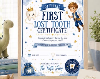 Lost Tooth Certificate Boy, First Lost Tooth Award, Tooth Fairy Printable, Editable 8.5x11 Tooth Loss Keepsake, Boy Tooth Fairy