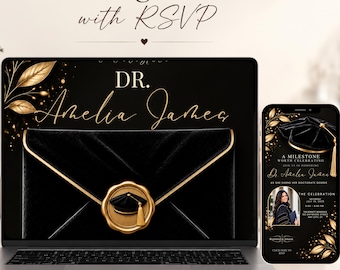 Doctorate Graduation Invitation, Digital RSVP Website, PhD Graduation Party Invite, Editable Black Gold Graduation Invitation