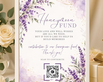 Honeymoon Fund Sign, Wedding QR Code Sign, Editable 8.5x11 Canva Template, Lavender Floral Wedding Gift Table Sign