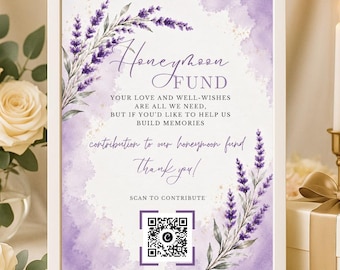 Honeymoon Fund Sign, Wedding QR Code Sign, Editable 8.5x11 Canva Template, Lavender Wedding Sign, Printable Honeymoon Fund