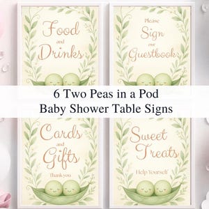Tabliczki na stół na baby shower „Dwie krople wody”, dekoracje na przyjęcie dla bliźniaków, jedzenie i napoje do druku, upominki, księga gości, słodkie smakołyki, szablon Canva