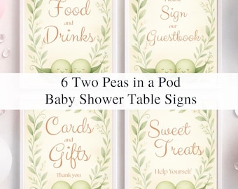 Letreros para mesa de baby shower "Dos guisantes en una vaina", decoraciones para fiesta de gemelos, comida y bebida imprimibles, recuerdos, libro de visitas, dulces, plantilla de Canva