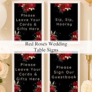 Wedding Table Signs Red Rose | Black and Gold Wedding Decor | Printable Wedding Sign Set | Editable Table Signs Canva Template
