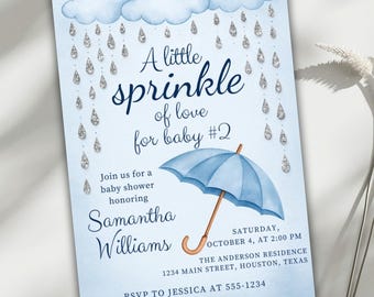 Tarjeta de invitación azul para baby shower, invitación plateada con purpurina para baby shower de niño, plantilla editable de Canva, invitación para segundo baby shower