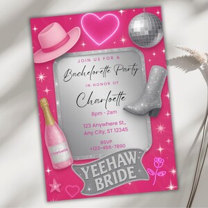 Disco Cowgirl Bachelorette Invitation, Yeehaw Bride Party, Editable Canva Template, Pink Western Glitter Boots Invite, Instant Download