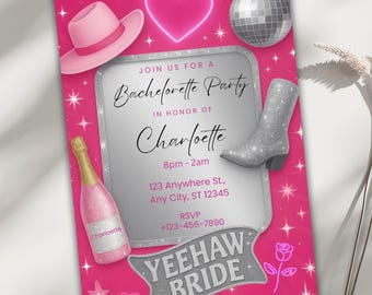 Invitation EVJF, cow-girl disco, fête de la mariée Yeehaw, modèle de toile modifiable, invitation de bottes à paillettes roses western, téléchargement immédiat
