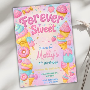 Faire-part d'anniversaire toujours doux, modèle Evite de toile modifiable, carte à thème de bonbons d'invitation de fille de partie, téléchargement numérique, fête de crème glacée