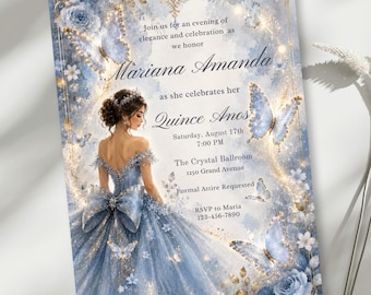 Dusty Blue Quinceanera Invitation Template, Elegant Butterfly Mis Quince Invite, Editable Canva 5x7 Sweet 16 Card, Luxury Invite