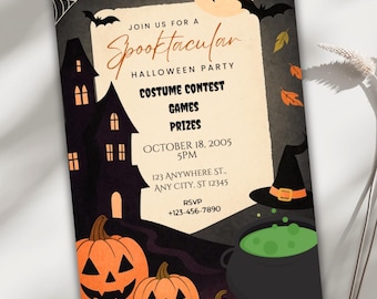 Editable Halloween Party Invitation, Costume Party Canva Template, Spooky Halloween Invite, Haunted House, Instant Download, Printable