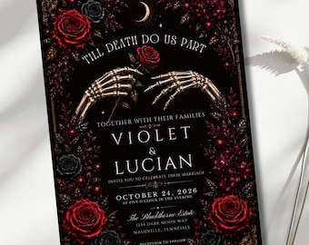 Gothic Wedding Invitation, Till Death Do Us Part Invite, Skeleton Hands Wedding Invitation, Dark Romantic 5x7 Editable Canva Template