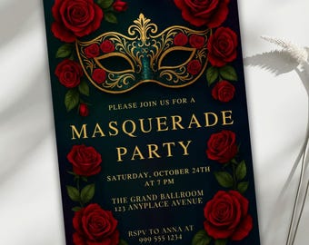 Masquerade Birthday Invitation Card, Elegant Black Tie Birthday Party Invite, 30th 40th 50th 60th Milestone, Digital Canva Template Evite