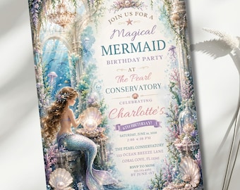 Mermaid Birthday Invitation, Ocean Party Invite, Editable 5x7 Canva Template, Under the Sea Girls Party