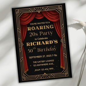 Roaring 20s Party Invitation, Art Deco Gatsby Event Template, Black and Gold Birthday Invite, Editable Canva Design, Digital Download